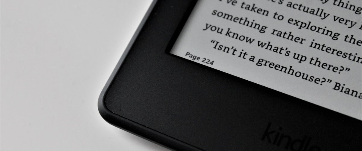 Close-up of a Kindle e-reader displaying text