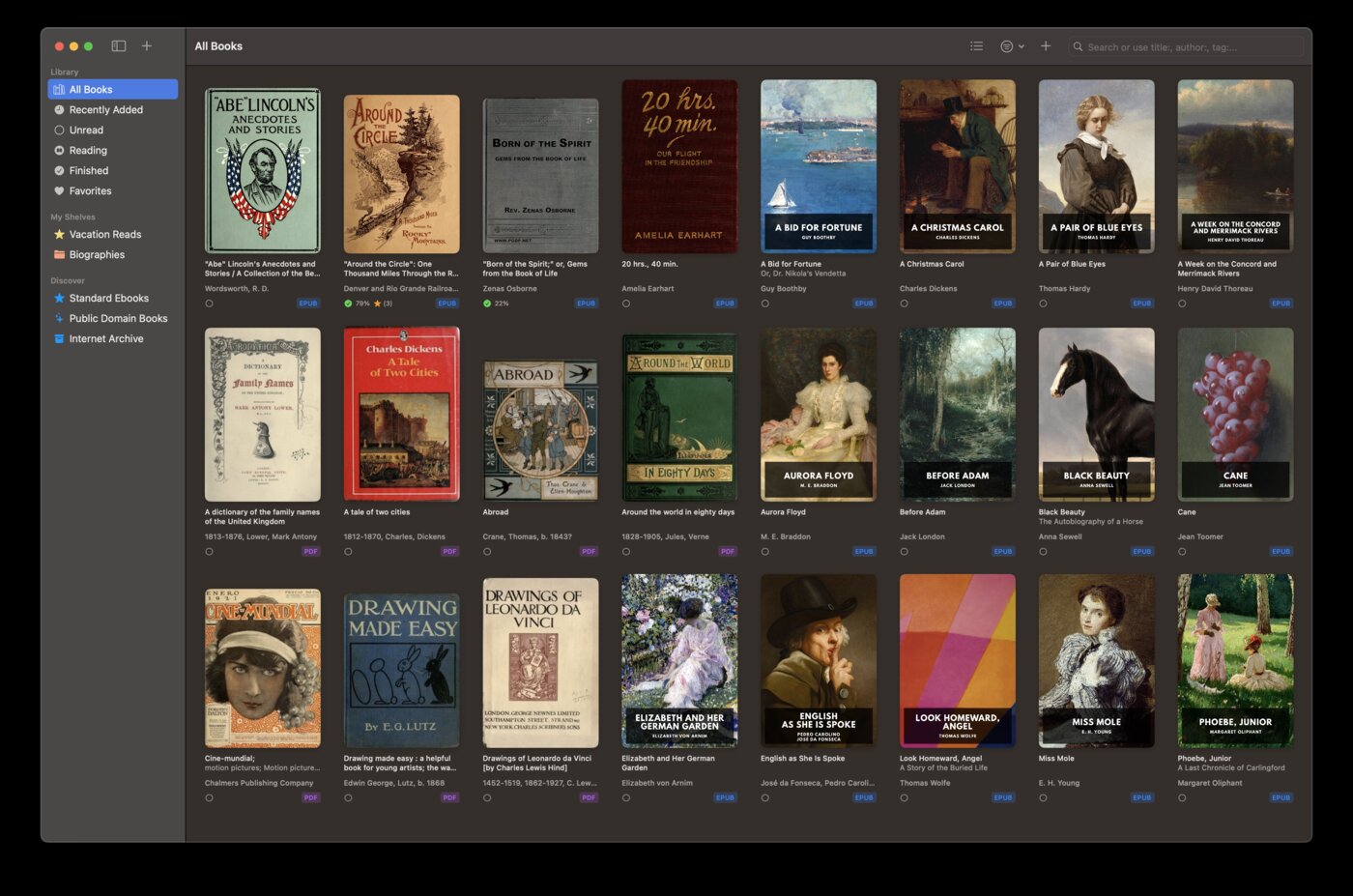 BookShelves library view on macOS showing book covers in a grid with sidebar navigation